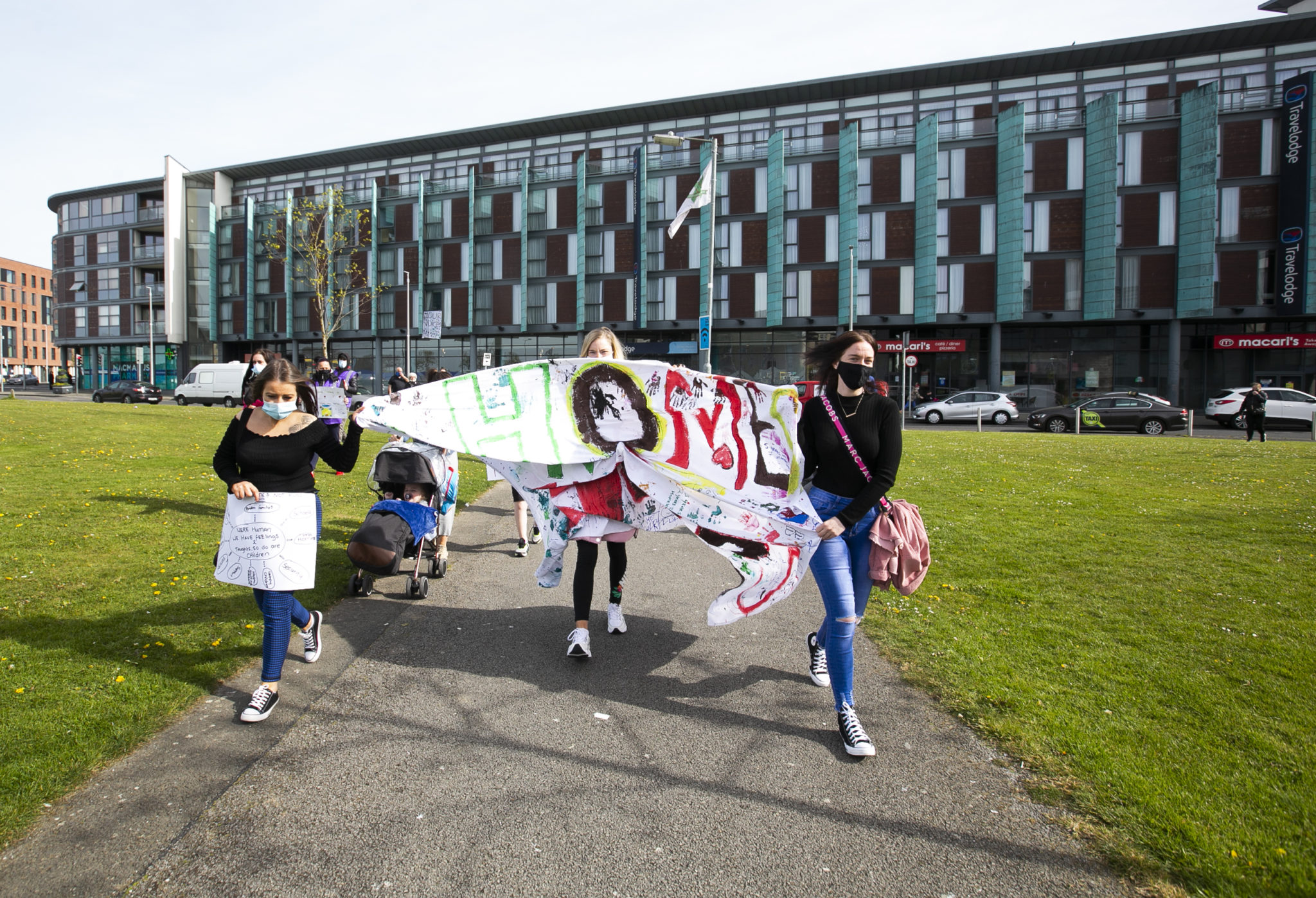 Supporters and residents protest outside the Travelodge Hotel and Ballymun Council offices in Dublin
