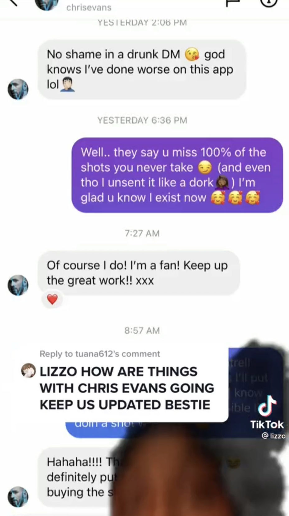 Lizzo Shares Screenshot Of Her Instagram DMs Chat With Chris Evans ...