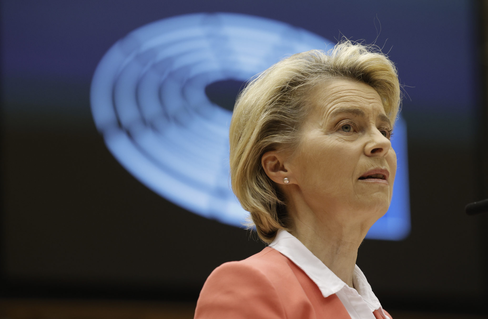 European Commission President Ursula von der Leyen delivers a speech at the European Parliament