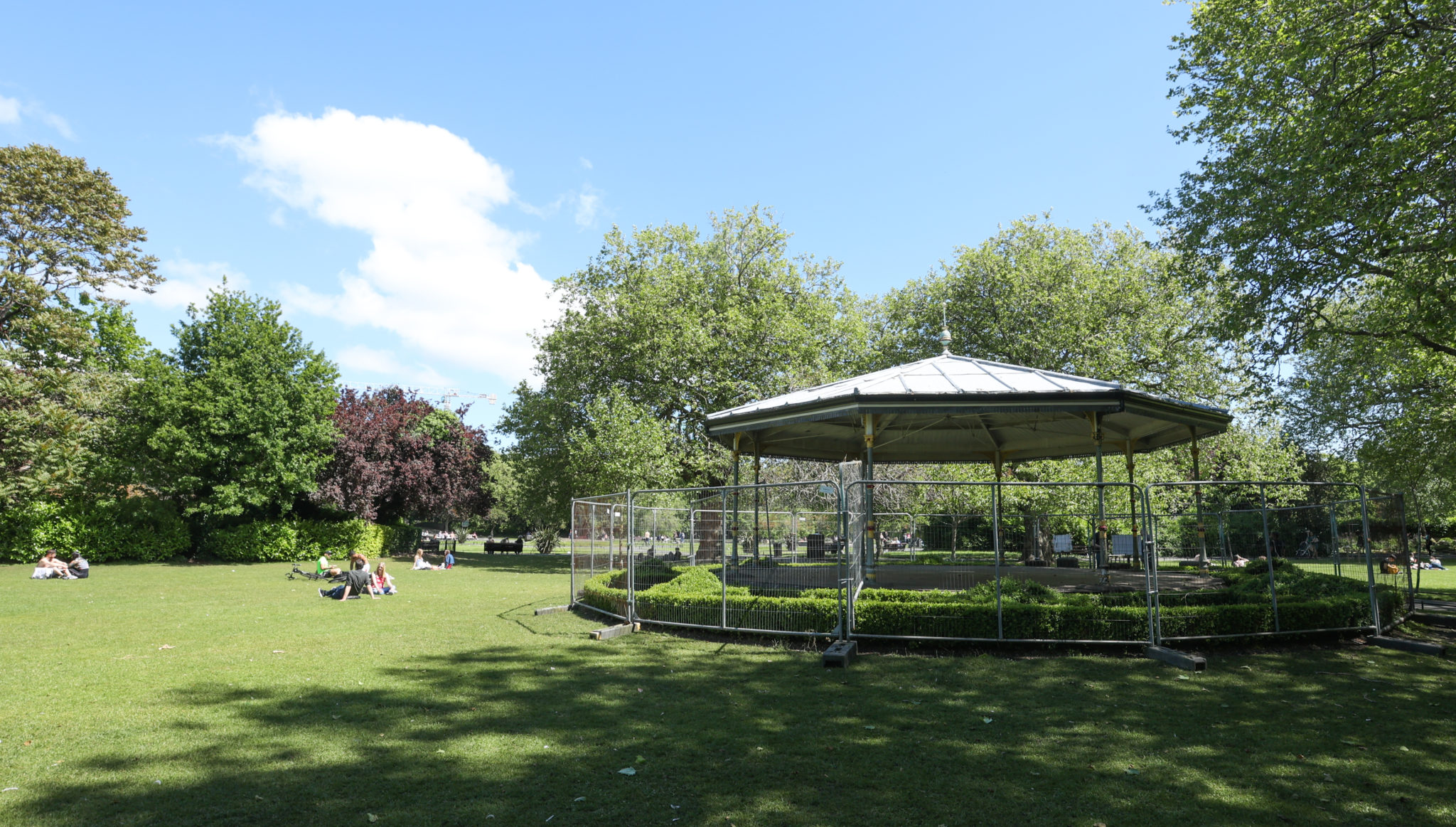 The fenced-off bandstand in Stephen's Green