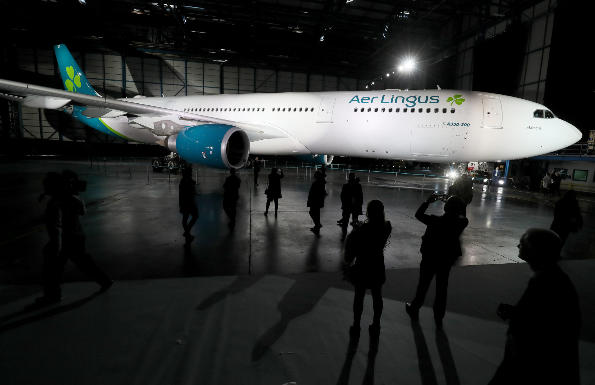 People view an Aer Lingus A330 displaying new branding during an official unveiling at Dublin Airport in January 2109.