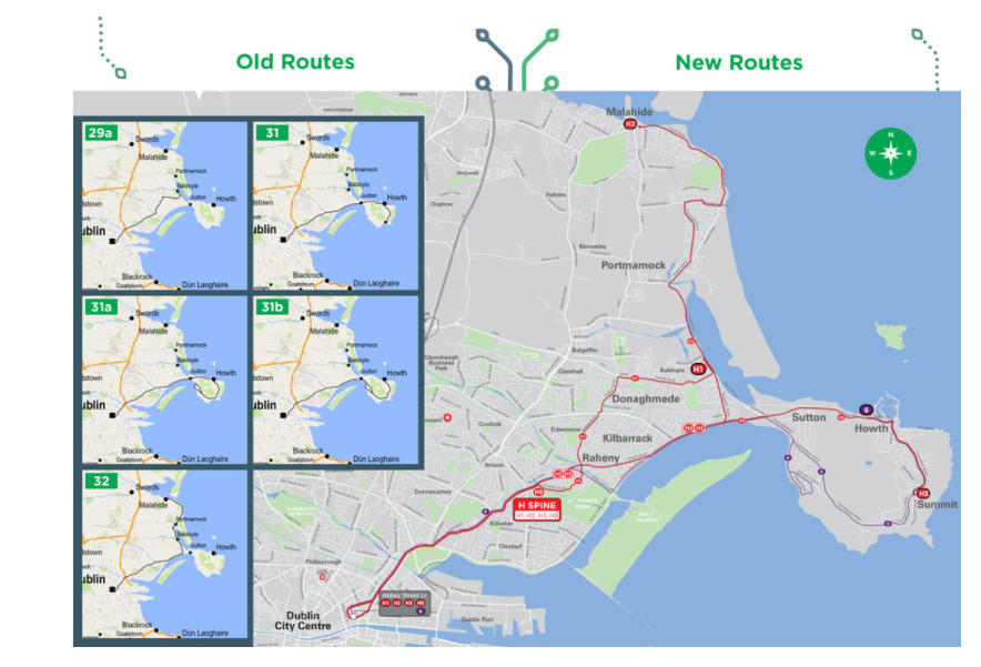 Map of the H spine bus routes in Dublin