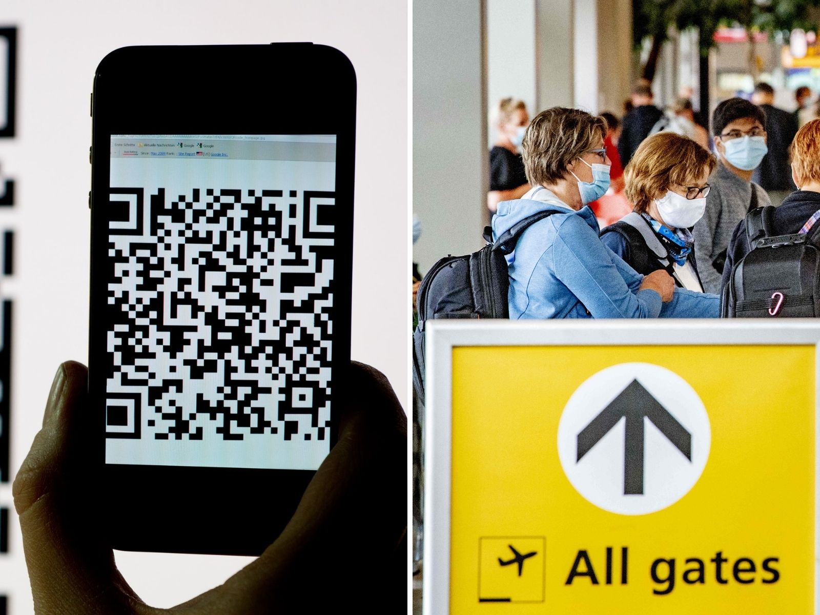 Composite image shows a woman holding a smartphone to a computer monitor displaying a QR, travelers going on holiday at Schiphol Airport in Amsterdam, Netherlands.