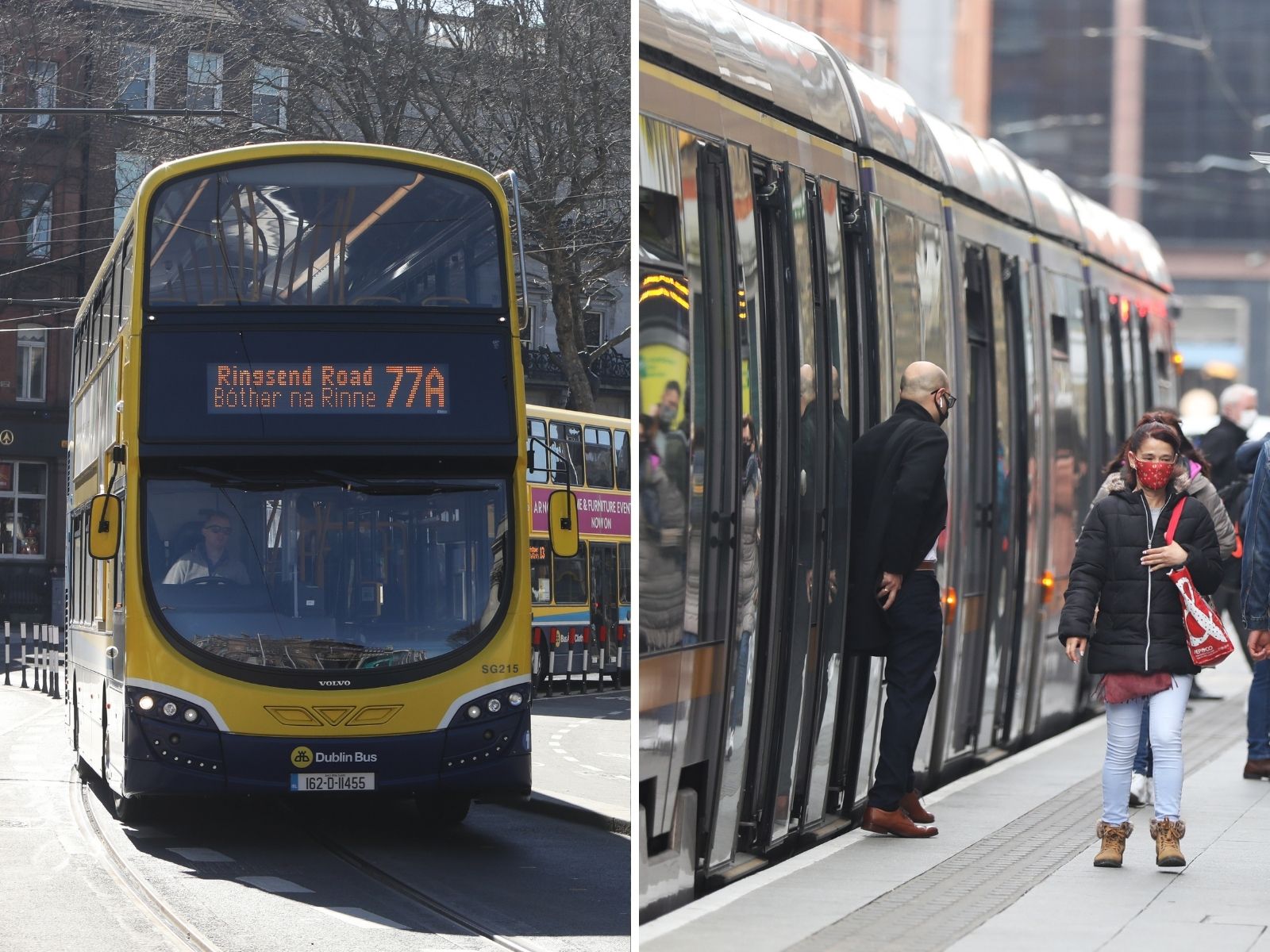 Composite image shows a Dublin Bus on College Green in Dublin city, and commuters on the Luas in Dublin