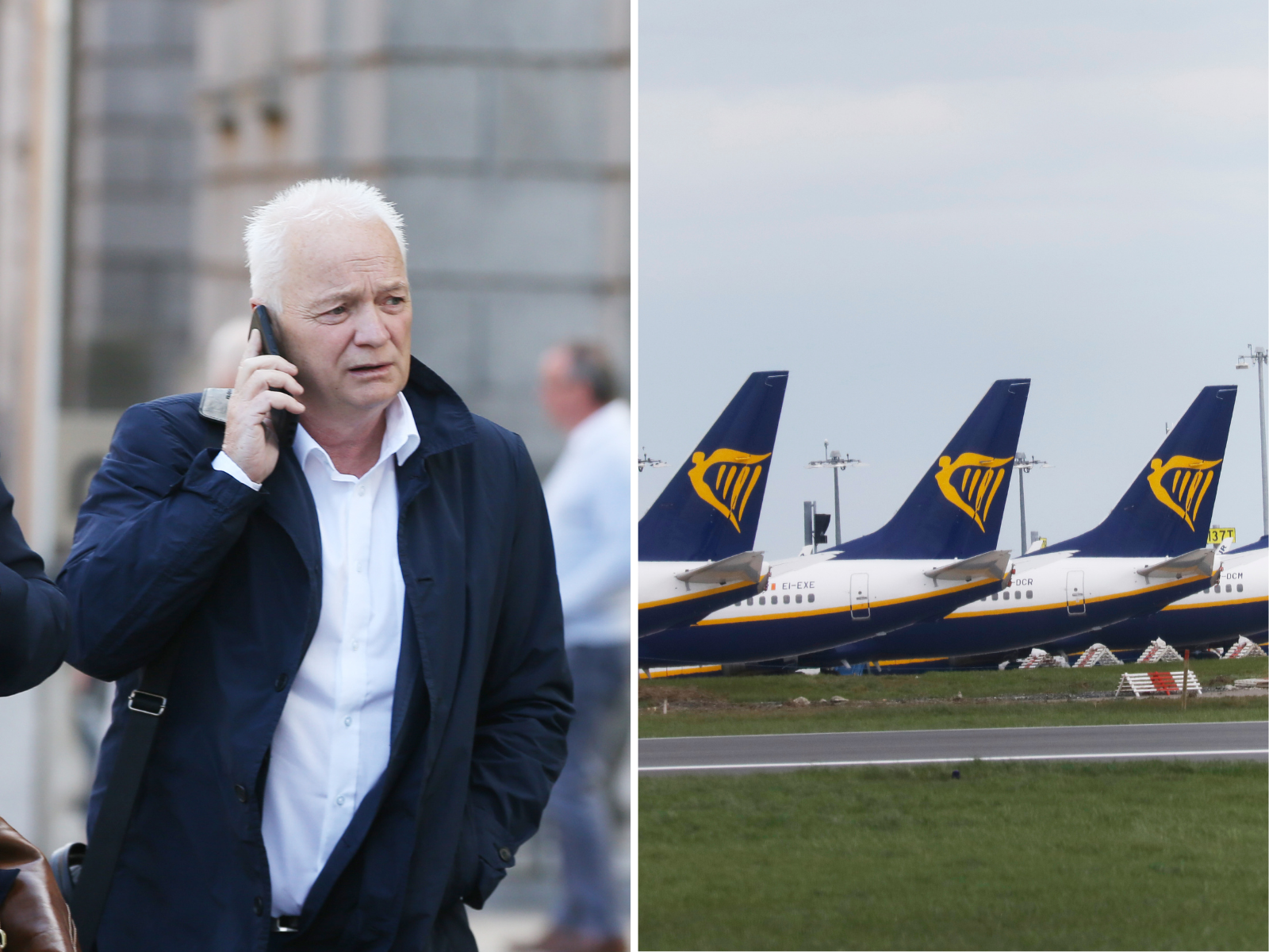 Split-screen image of Eddie Wilson (left) and Ryanair planes (right)