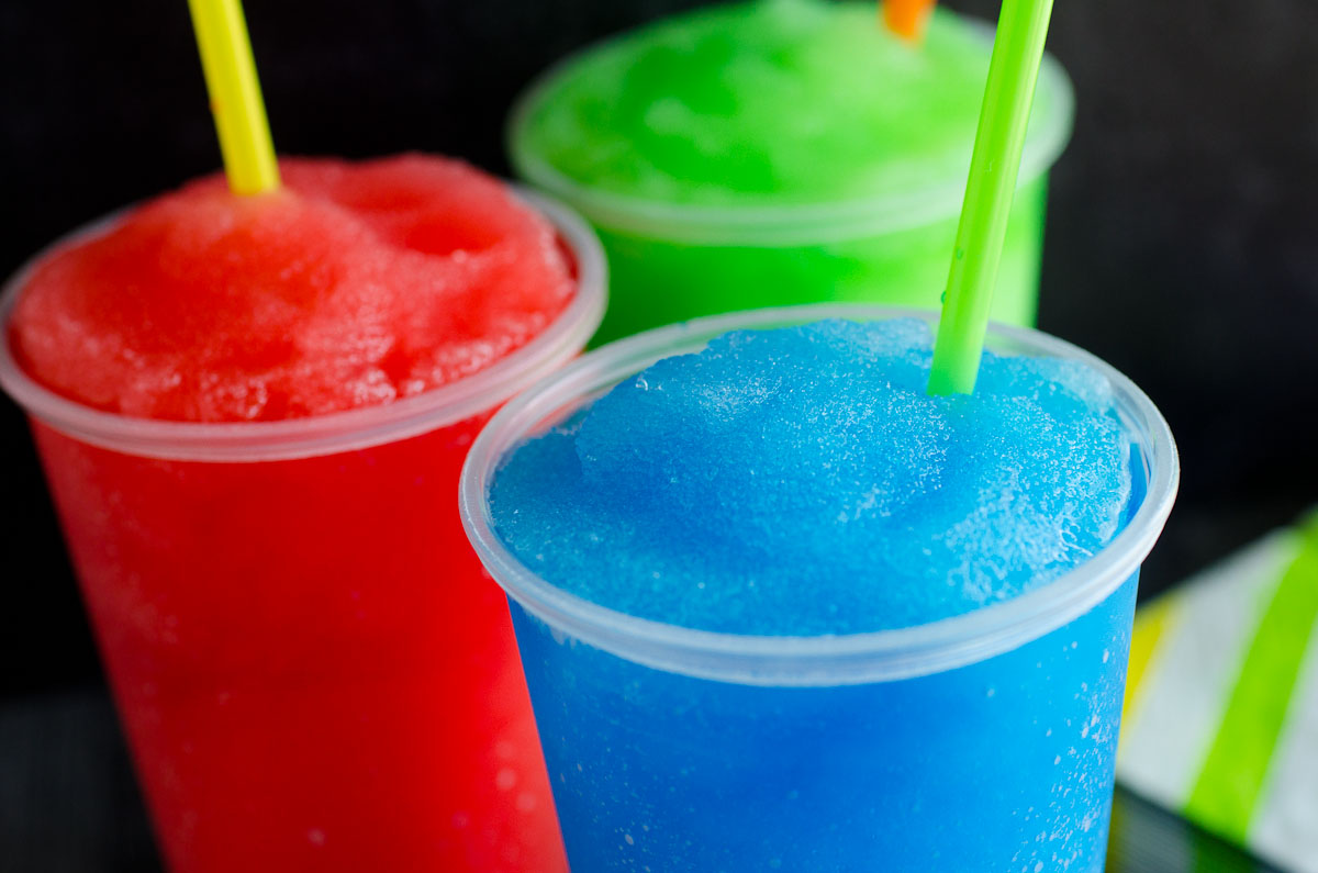 Coloured slushie drinks.