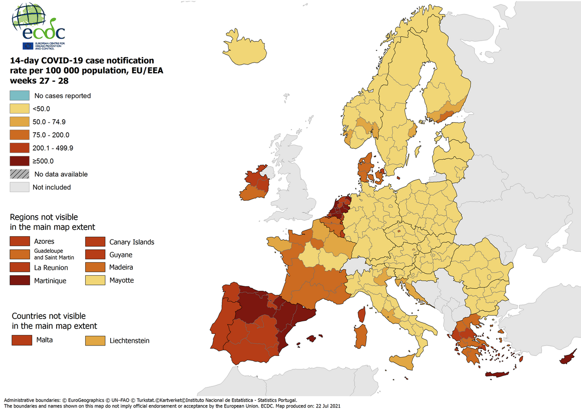 The 14-day COVID rate across Europe. Image: European Centre for Disease Control (ECDC) 