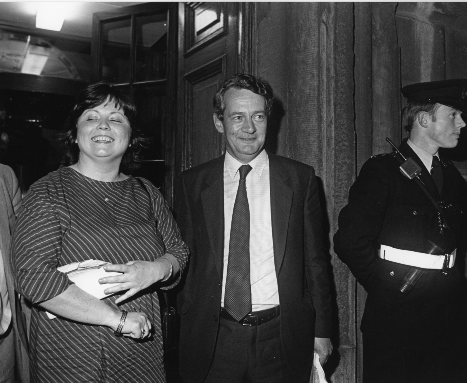 Fianna Fail TD'S Mary Harney and Des O’Malley outside the door of Dáil Eireann after Mr. O'Malley was expelled from the party, 18-05-1984