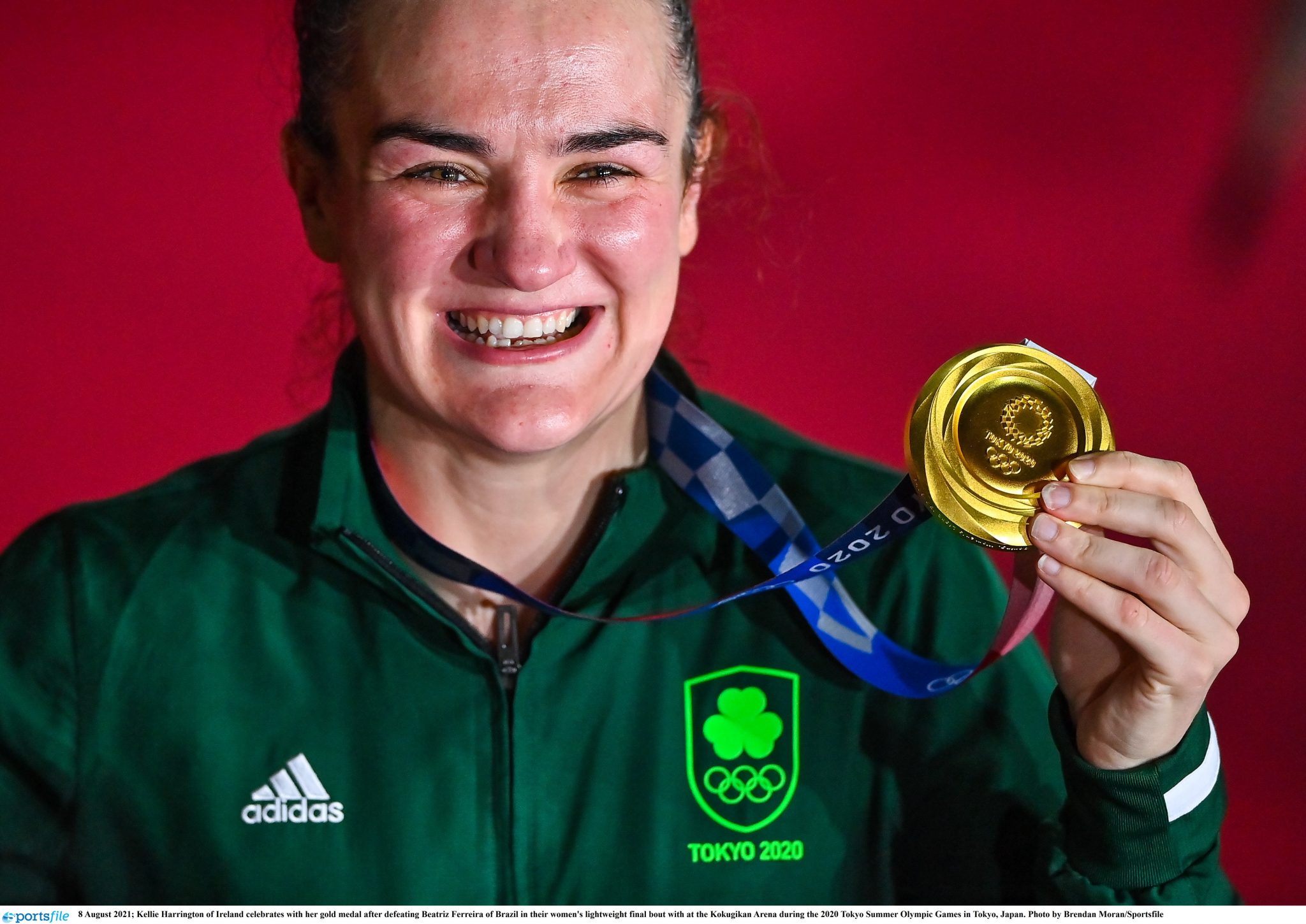 Kellie Harrington celebrates with her gold medal, after defeating Beatriz Ferreira of Brazil in their women's lightweight final bout at the Kokugikan Arena during the 2020 Tokyo Summer Olympic Games in Tokyo, Japan