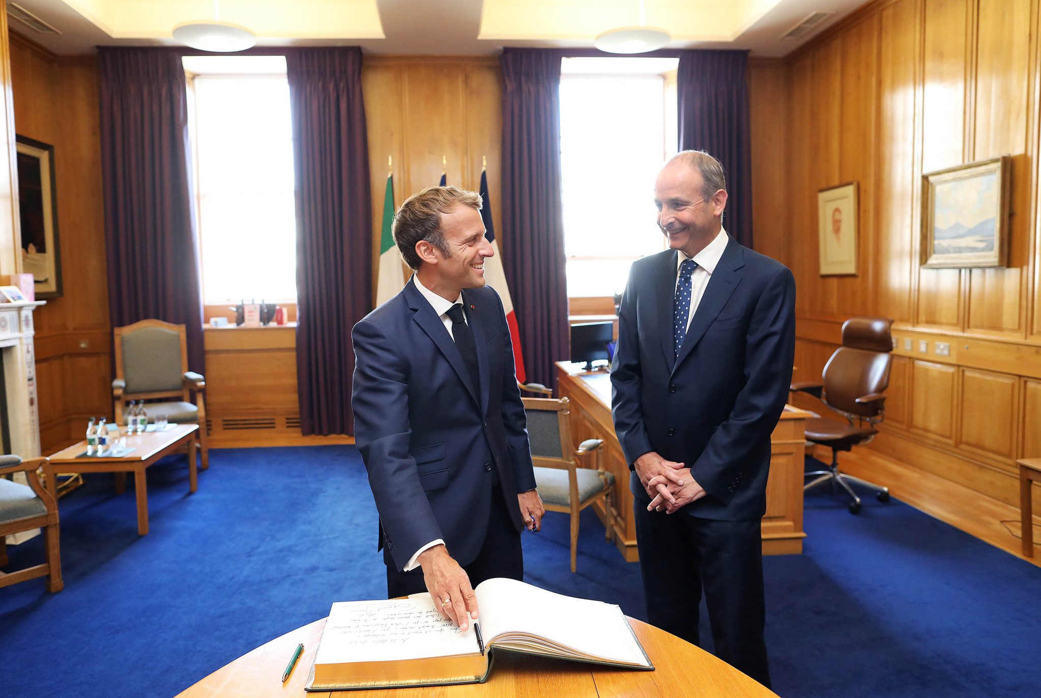French President Emmanuel Macron with the Taoiseach Micheál Martin at Government Buildings, 26-08-2021. Image: Julien Behal Photography