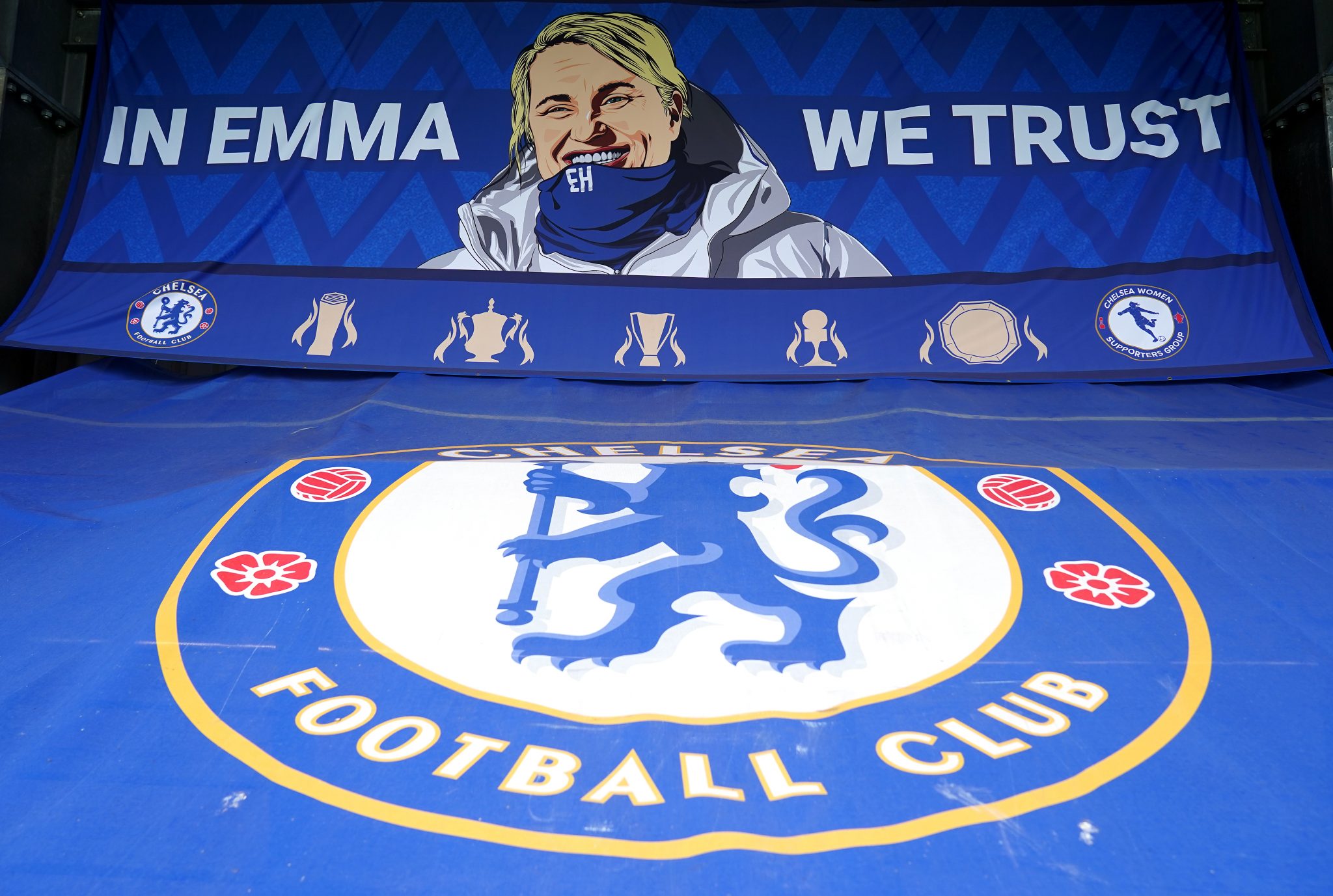A banner of Chelsea manager, Emma Hayess
