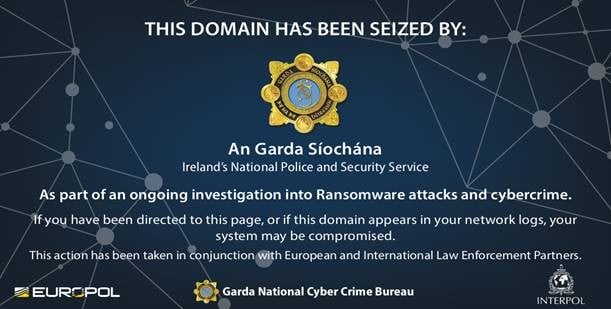 The 'splash screen' used by Gardaí on the seized websites. Picture
