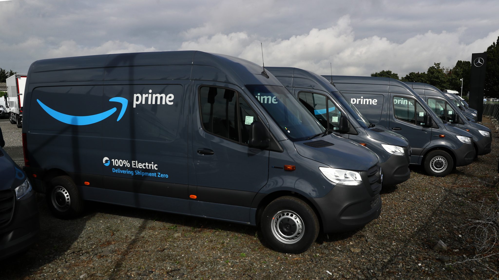 A fleet of Amazon vans on the forecourt of a Mercedes dealership in Dublin in September 2021, as construction continues at nearby Baldonnell Business Park on what will be its first warehouse in Ireland. 