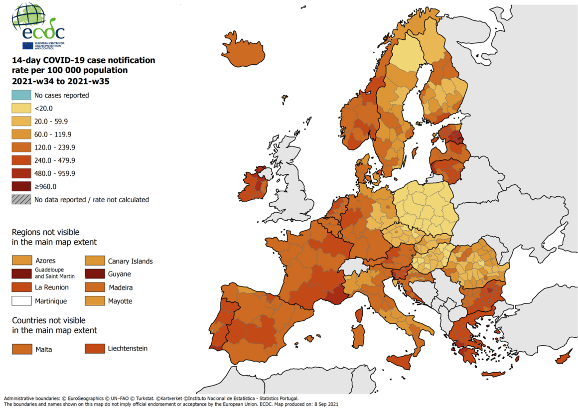 The ECDC 14-day case rate across Europe