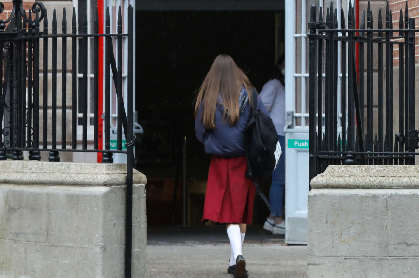 Students entering Loreto College on St Stephen's Green, Dublin in June 2021.