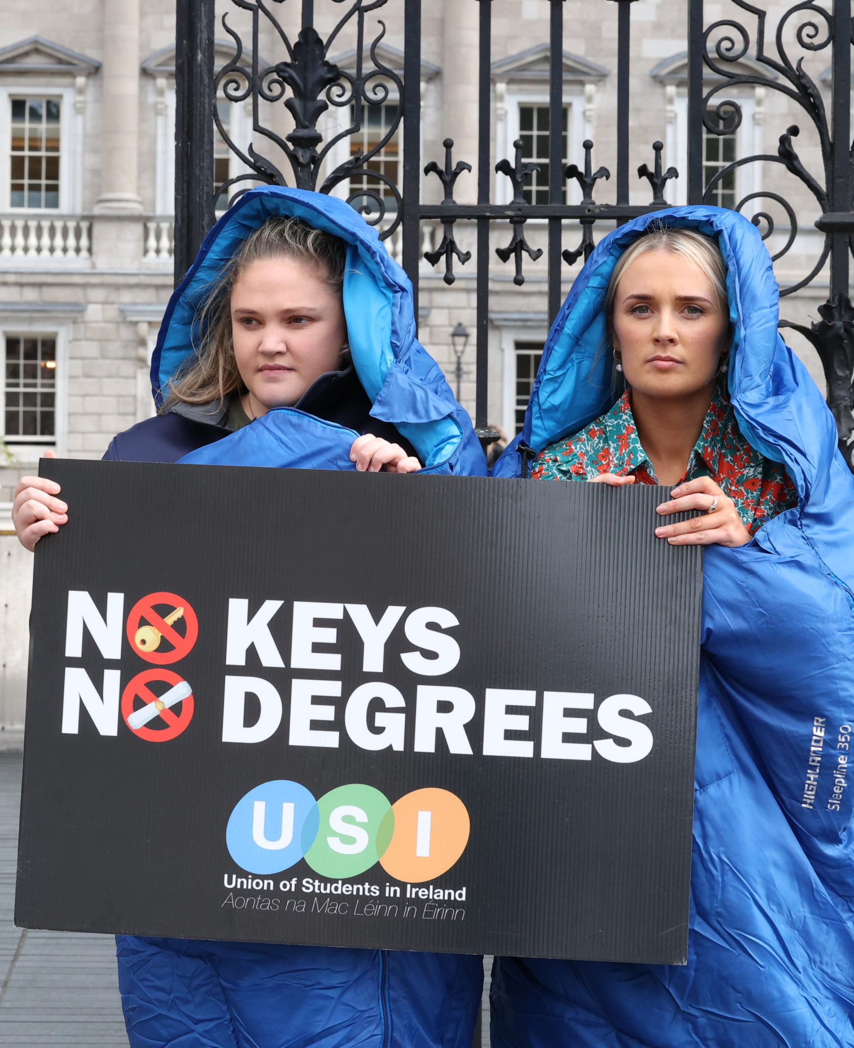 Left to right: UCC Welfare Officer Caoimhe Walsh and President of Cork Students Union Aisling O'Mahony protesting outside the Dáil over unaffordable student accommodation
