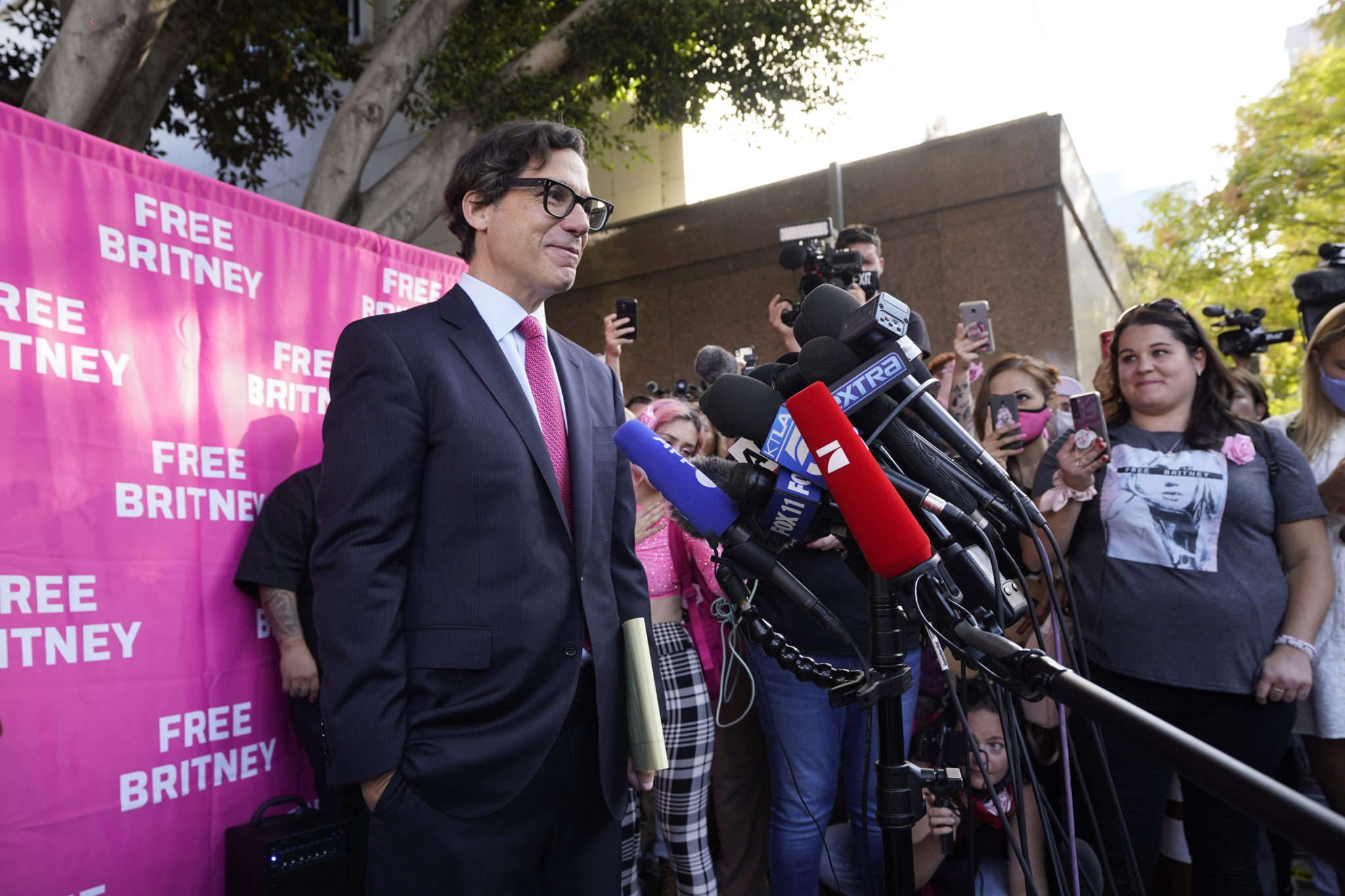 Britney Spears' attorney, Mathew Rosengart, speaks outside the Stanley Mosk Courthouse in Los Angeles, California.