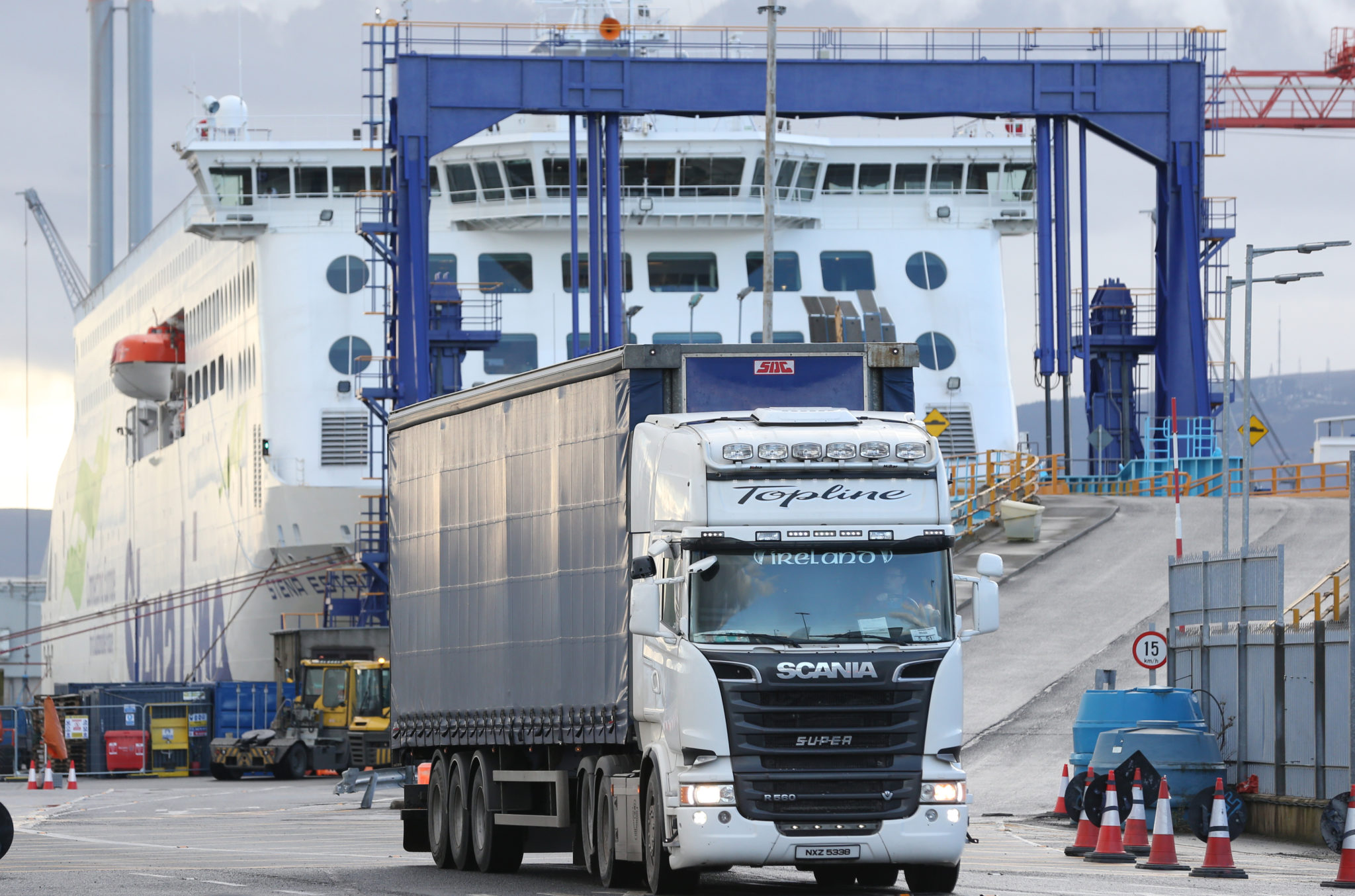 Articulated lorries drive off a ship carrying haulage containers at Dublin Port, 05-01-2021. Image: Sasko Lazarov/RollingNews