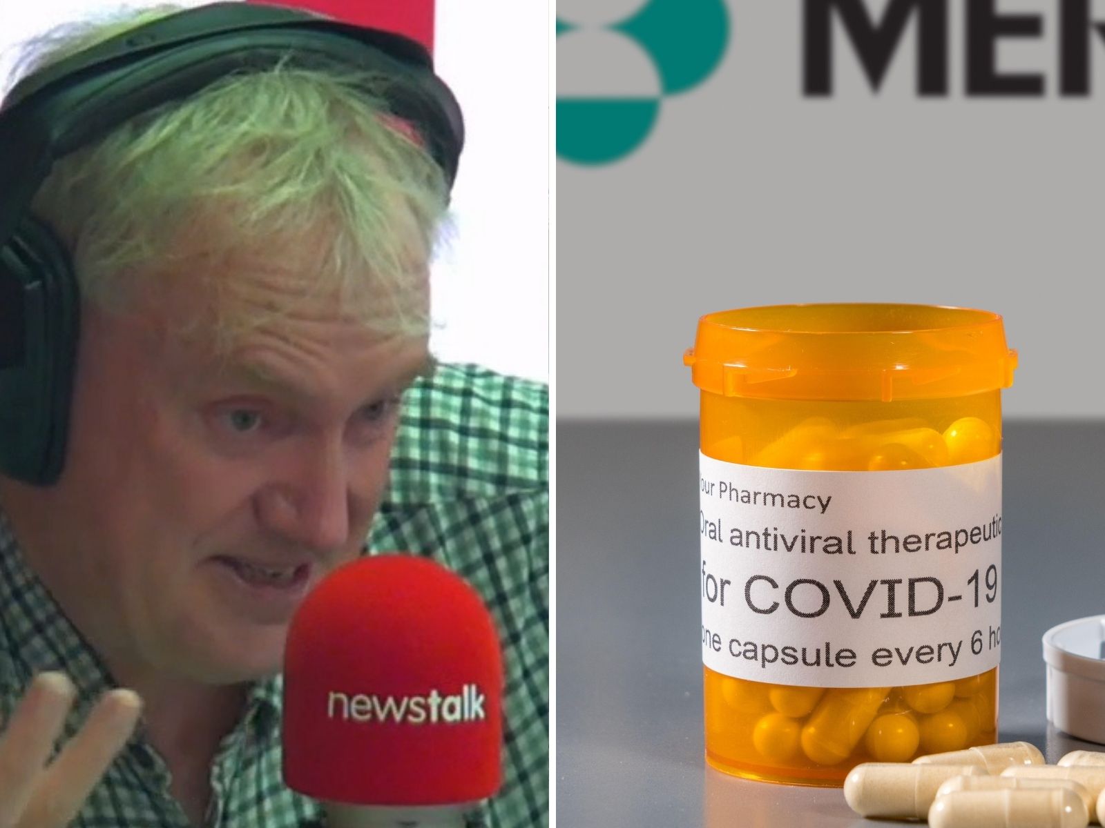 Composite image shows Prof Luke O'Neill in Newstalk studios, and a prescription bottle with capsules following Merck trials of an oral antiviral treatment for the Covid-19 virus