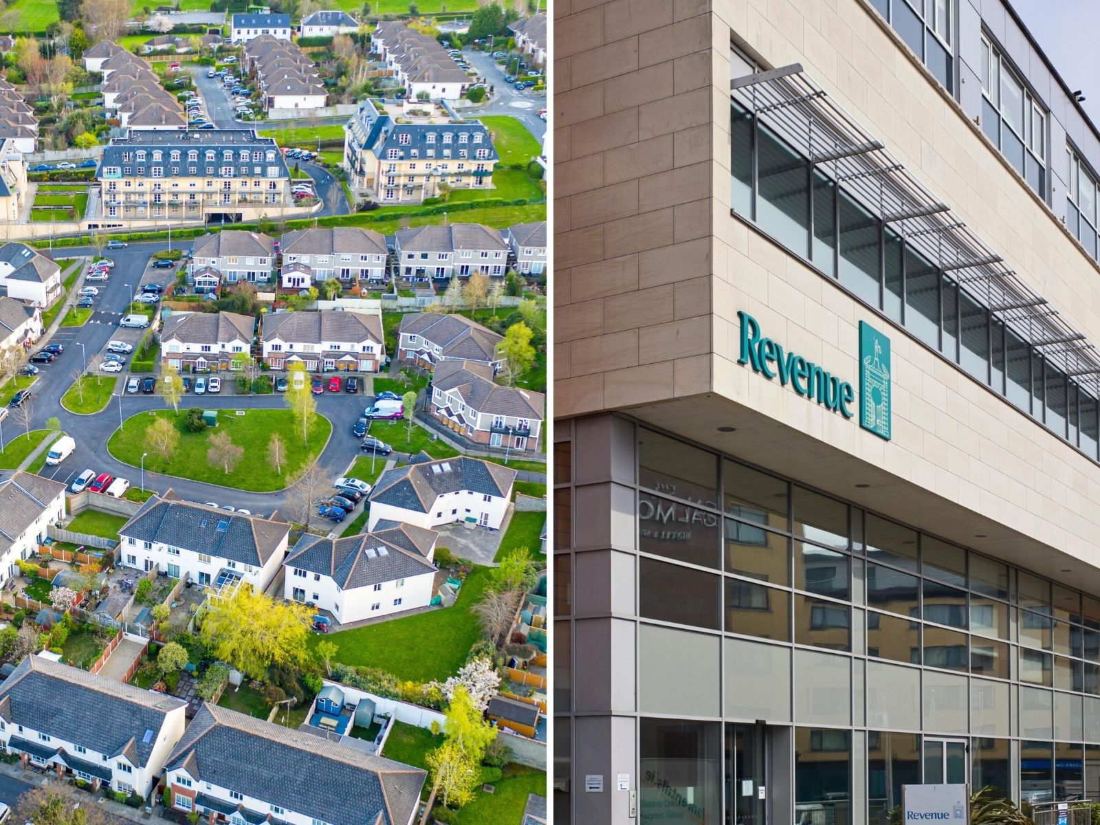 Composite image shows house building in Dublin in April 2021, and Revenue offices in Galway in April 2019