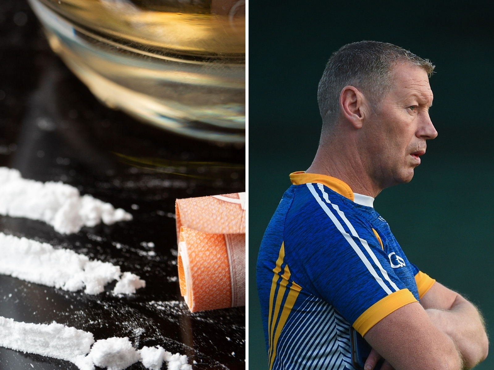 Limerick hurling star Ciarán Carey and a file photo of cocaine and alcohol.