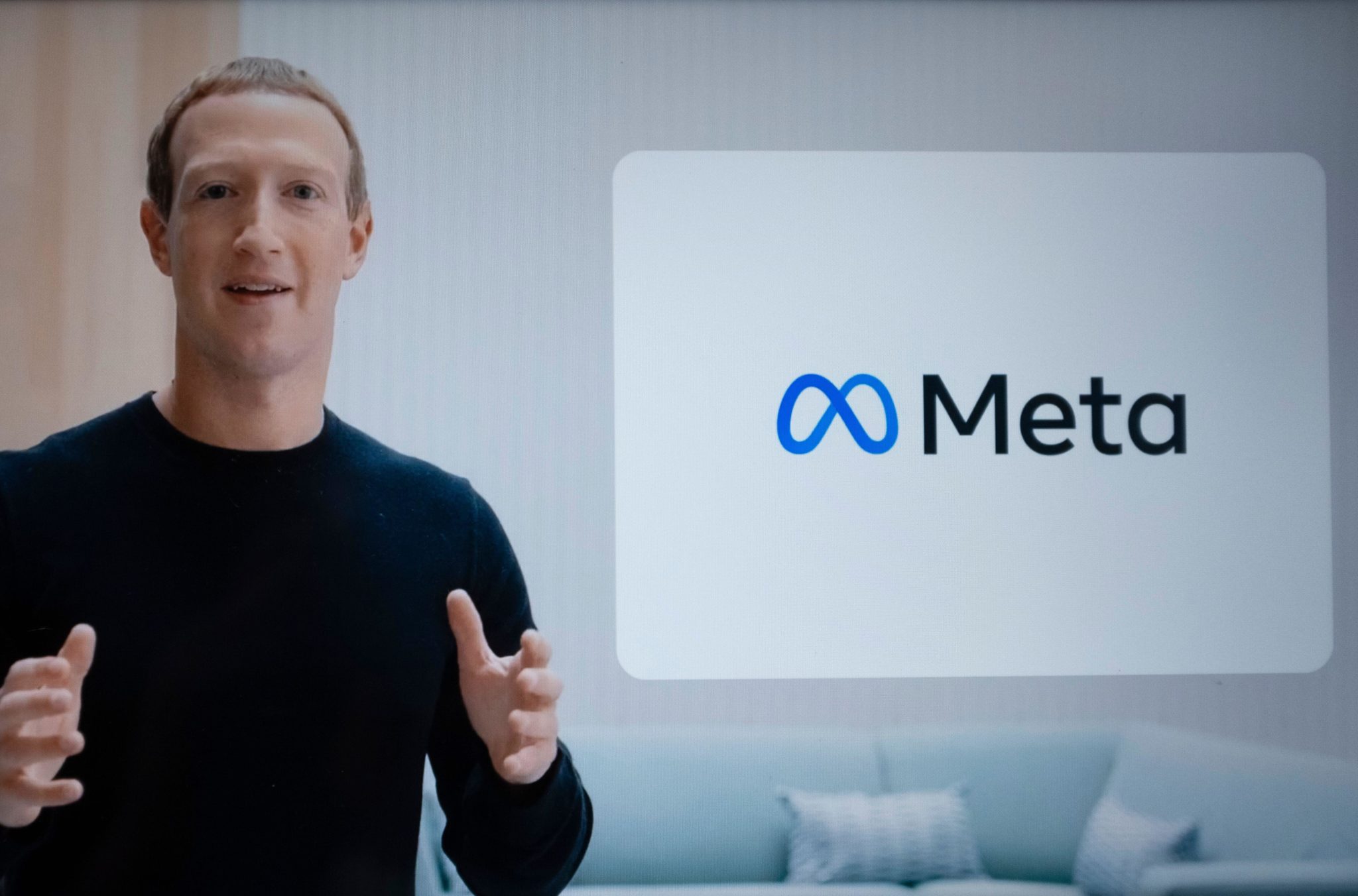 Facebook CEO Mark Zuckerberg announces during the company's live stream that the new company will be called Meta. Image: Sipa USA / Alamy Stock Photo
