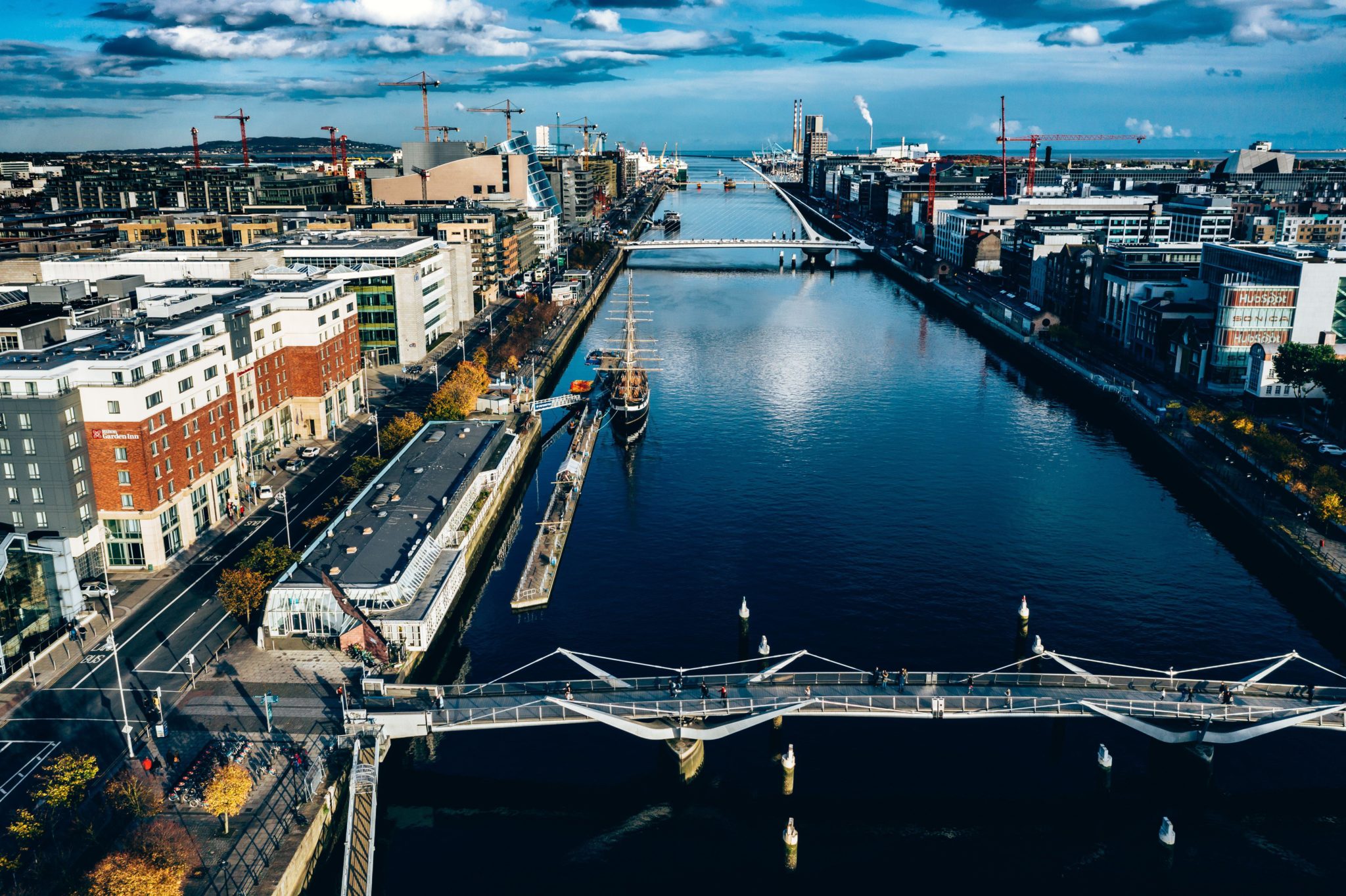 An aerial view of Dublin city over the River Liffey in October 2019
