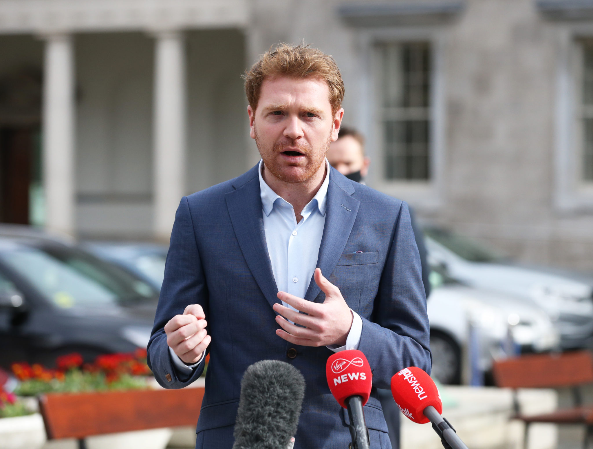 Social Democrat TD Gary Gannon on the plinth outside Leinster House this afternoon.