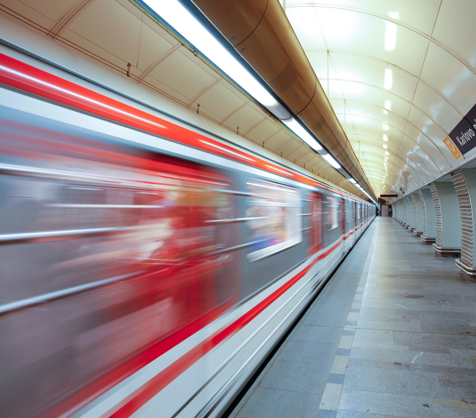 A train arriving at a platform on the underground Metro in Prague, Czech Republic in May 2011