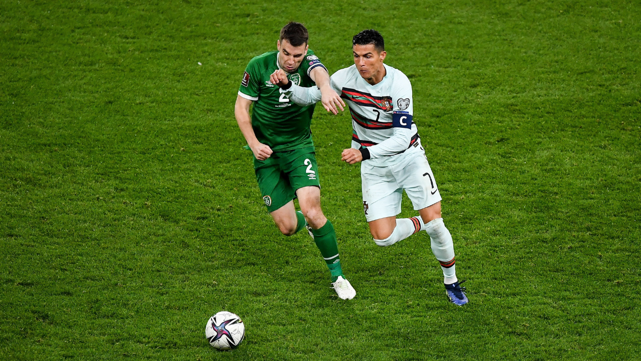 Ireland captain, Seamus Coleman battles with Portugal's Cristiano Ronaldo