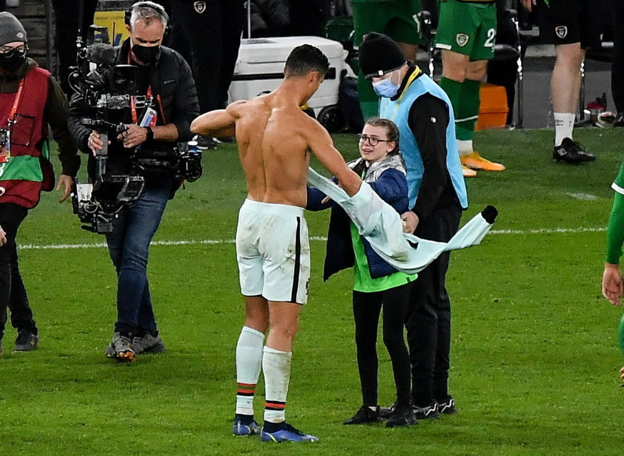 Addison Whelan is greeted by Cristiano Ronaldo before getting his jersey after the final whistle of the FIFA World Cup 2022 qualifying match between Ireland and Portugal at the Aviva Stadium in Dublin.