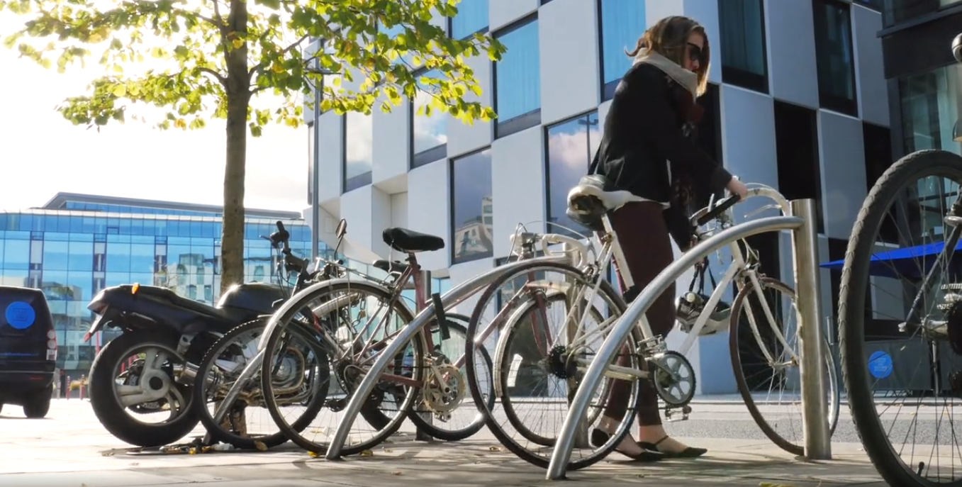 A screenshot from the Heuston Masterplan video showing bike park slots.