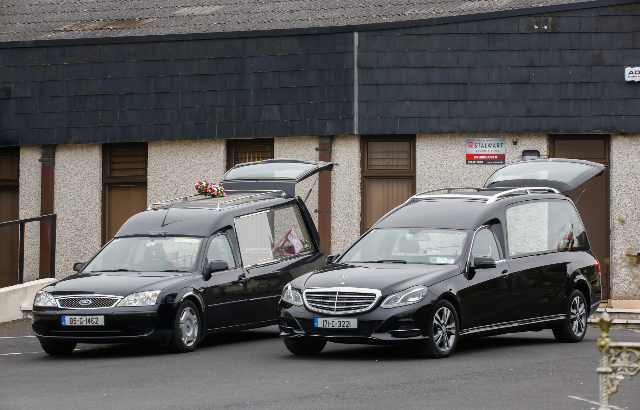 Hearses parked outside the funerals of Willie and Patrick Hennessy at the Church of Our Lady Conceived Without Sin in Mitchelstown, Cork, 04-03-2021. Image: RollingNews