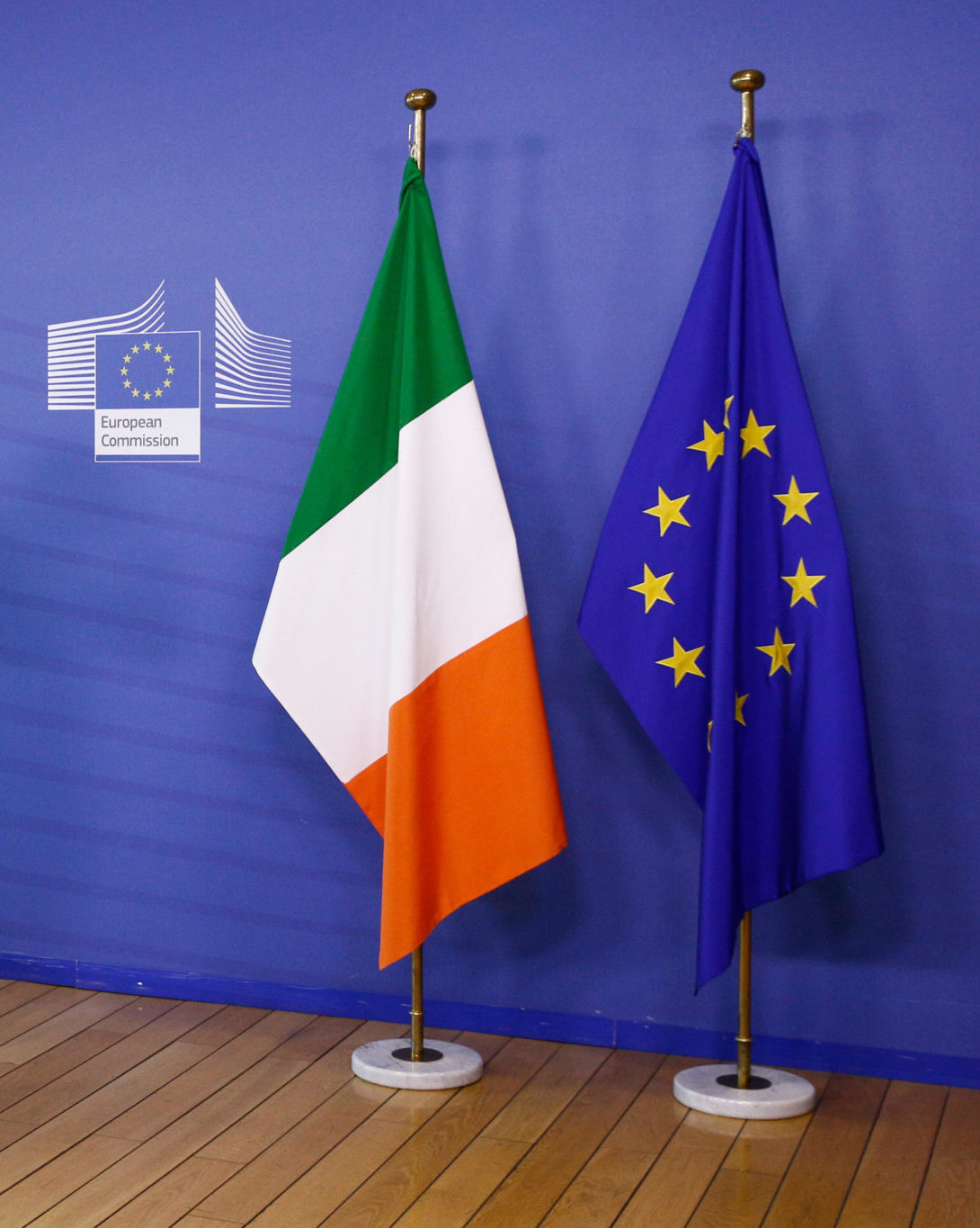 The Irish Tricolour and flag of the European Union are seen in Brussels, Belgium in October 2018.