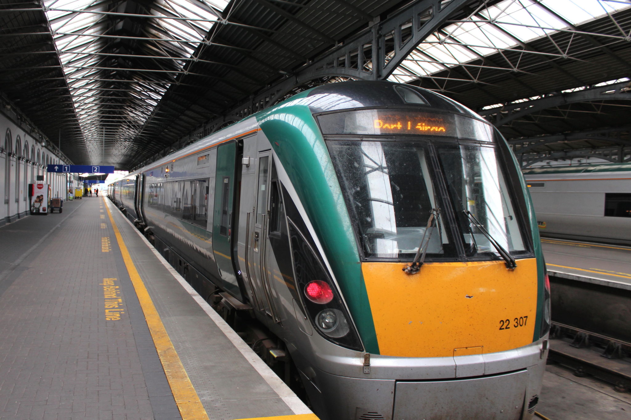An Irish Rail train at Heuston Station, Dublin in June 2014.