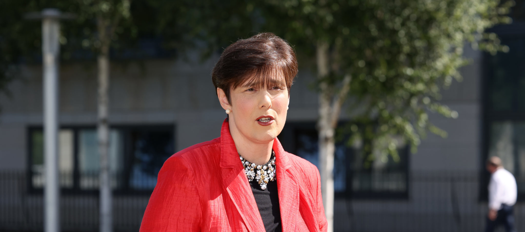 Minister for Education Norma Foley speaking to reporters outside the Department of Education in August 2021