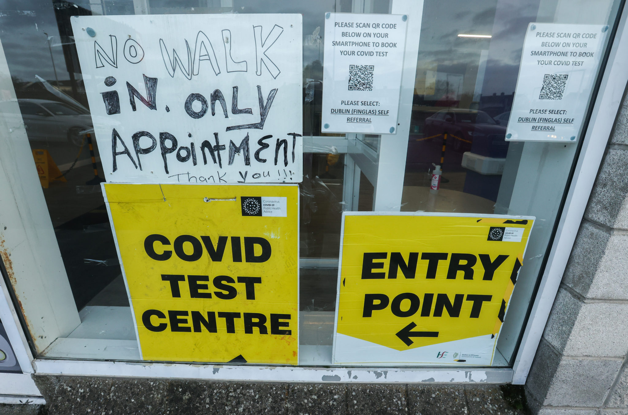 Signs outside a COVID-19 test centre in Dublin