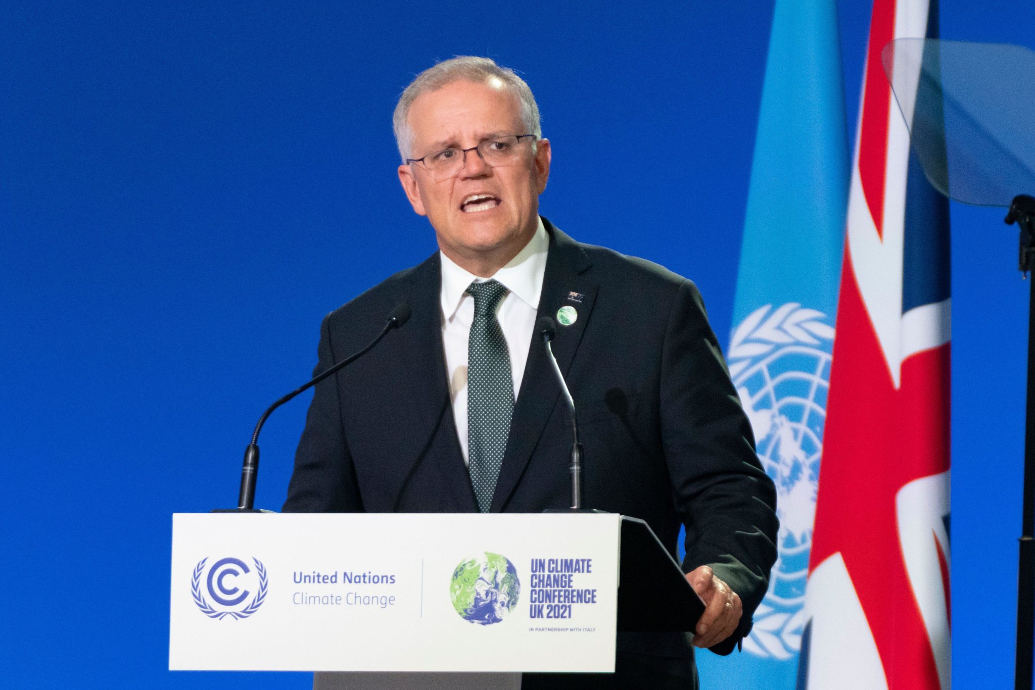 The Australian Prime Minister Scott Morrison speaking at the COP26 UN Climate Summit. Image: Iain Masterton/Alamy Live News
