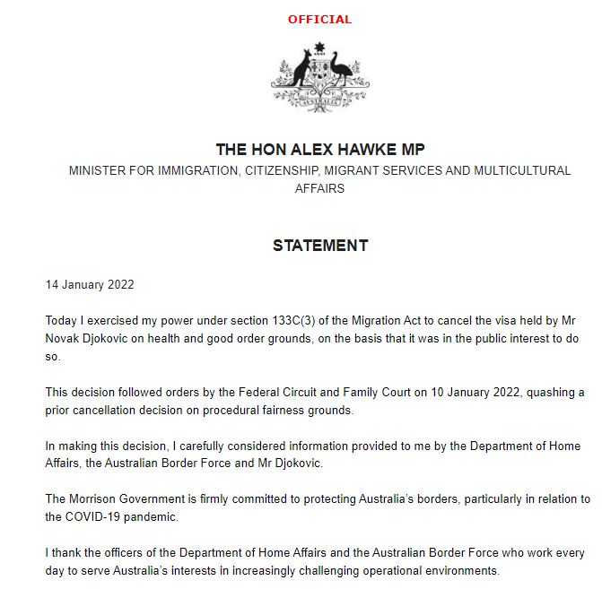Australian Immigration Minister Alex Hawke statement on Novak Djokovic.