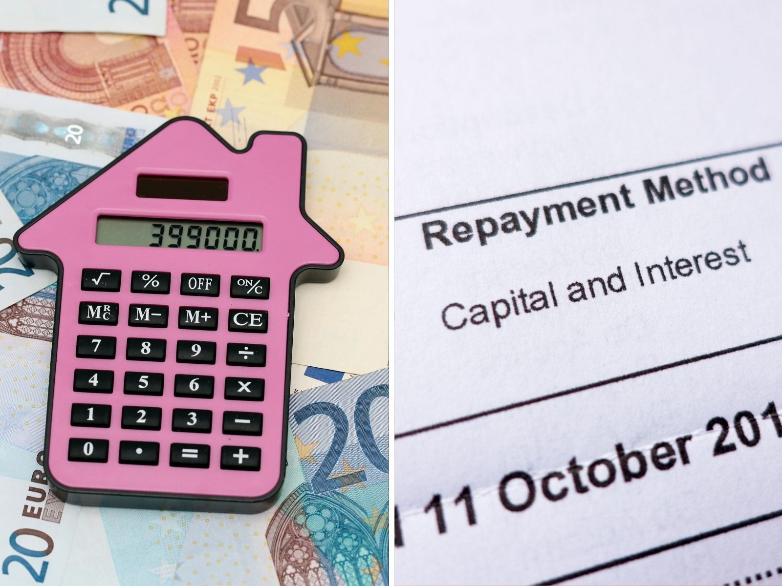 Composite file photo shows a calculator in the shape of a house on top of euro notes, and a mortgage finance statement.