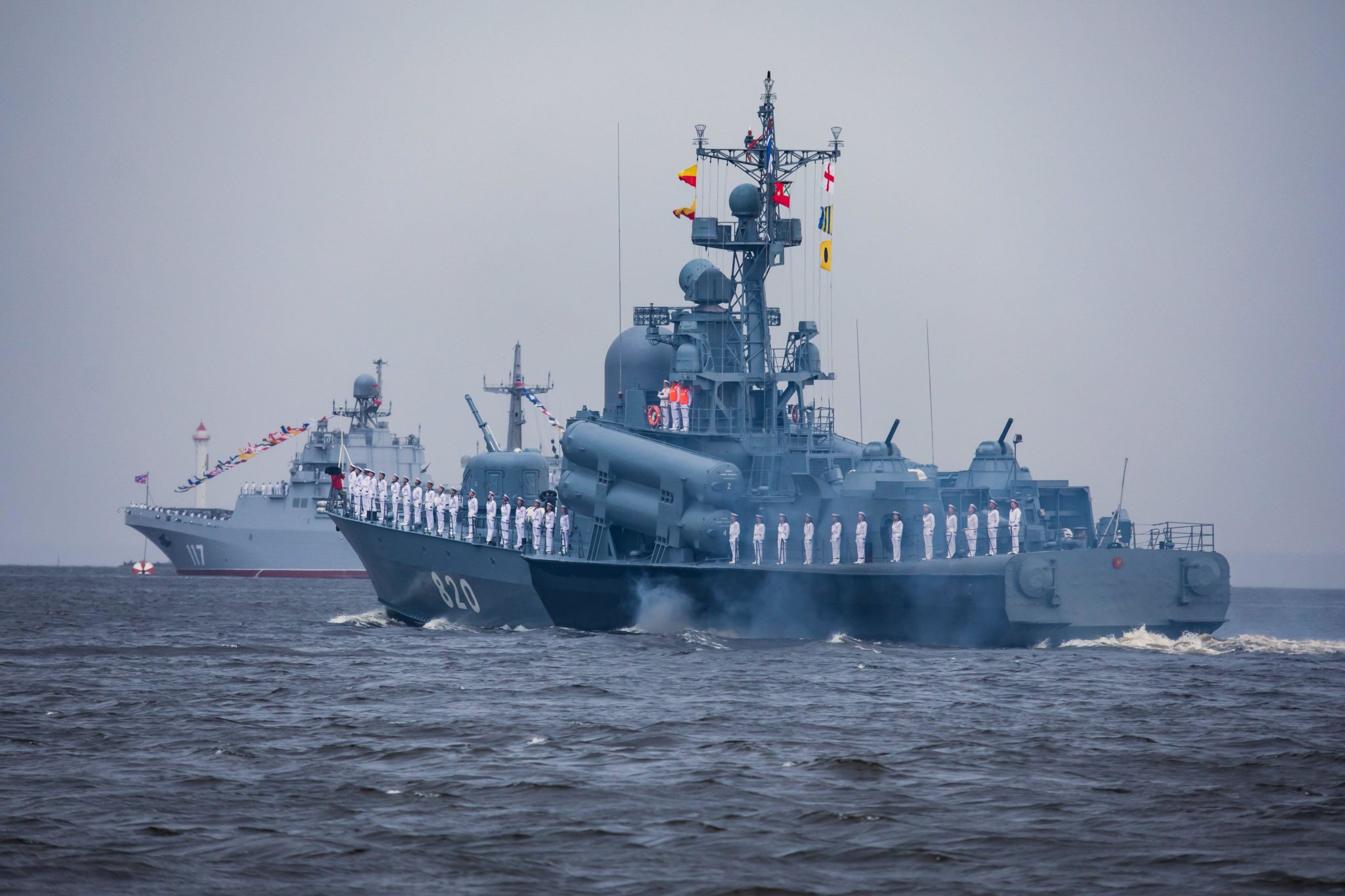 Modern Russian military naval battleships warships in the Baltic Sea.