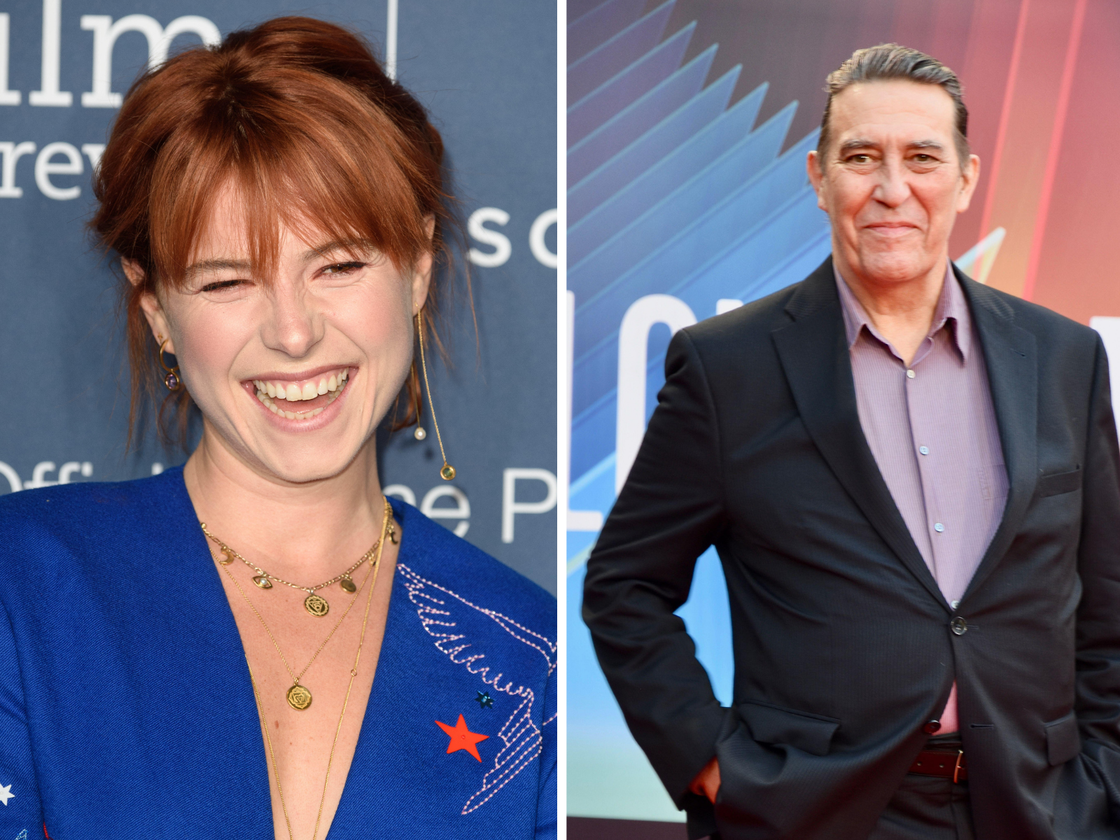 Split-screen image of Jessie Buckley (left) and Ciaran Hinds (right)
