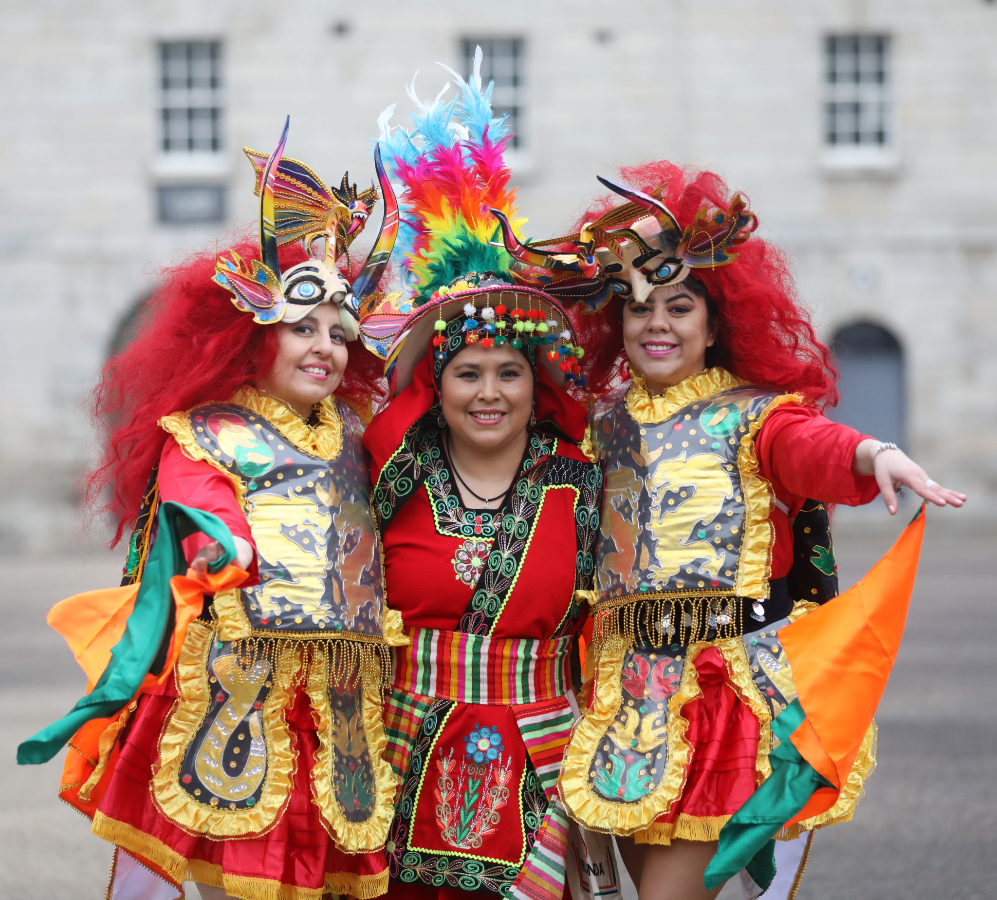 At the launch of the 2022 St Patrick's Festival (left to right): Diana, Silvia and Jamirka from Alam Boliviana dance group at Collins Barracks in Dublin. 