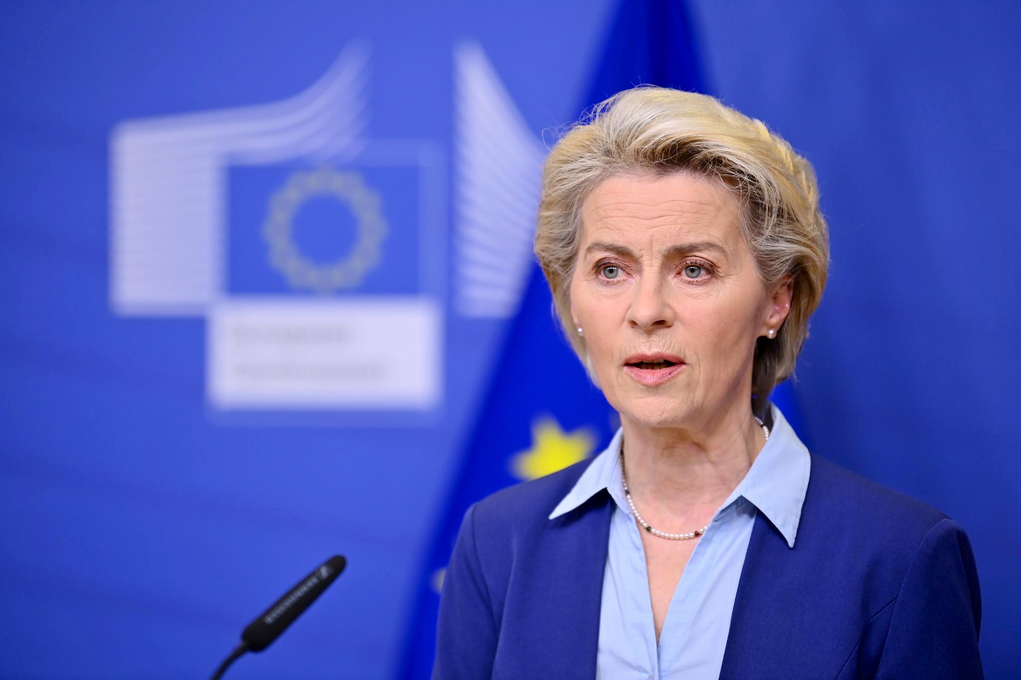 European Commission President Ursula von der Leyen speaking to reporters in Brussels on the Russia/Ukraine situation.