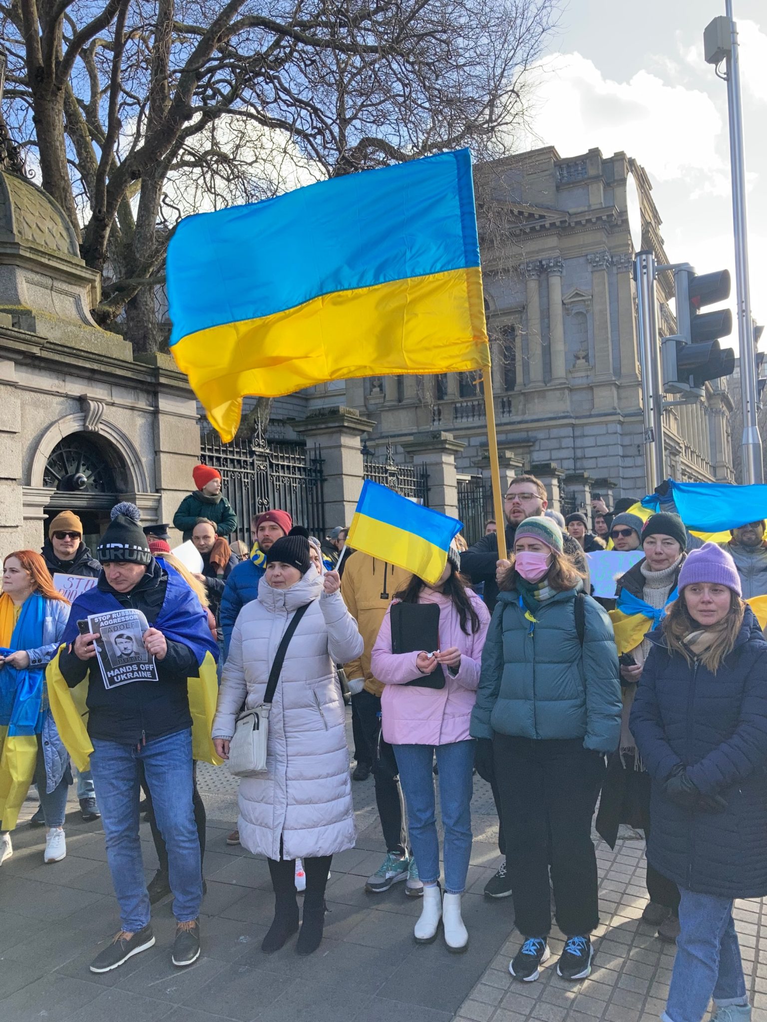Ukrainians living in Ireland protest outside Leinster House in Dublin over the Russian invasion. 