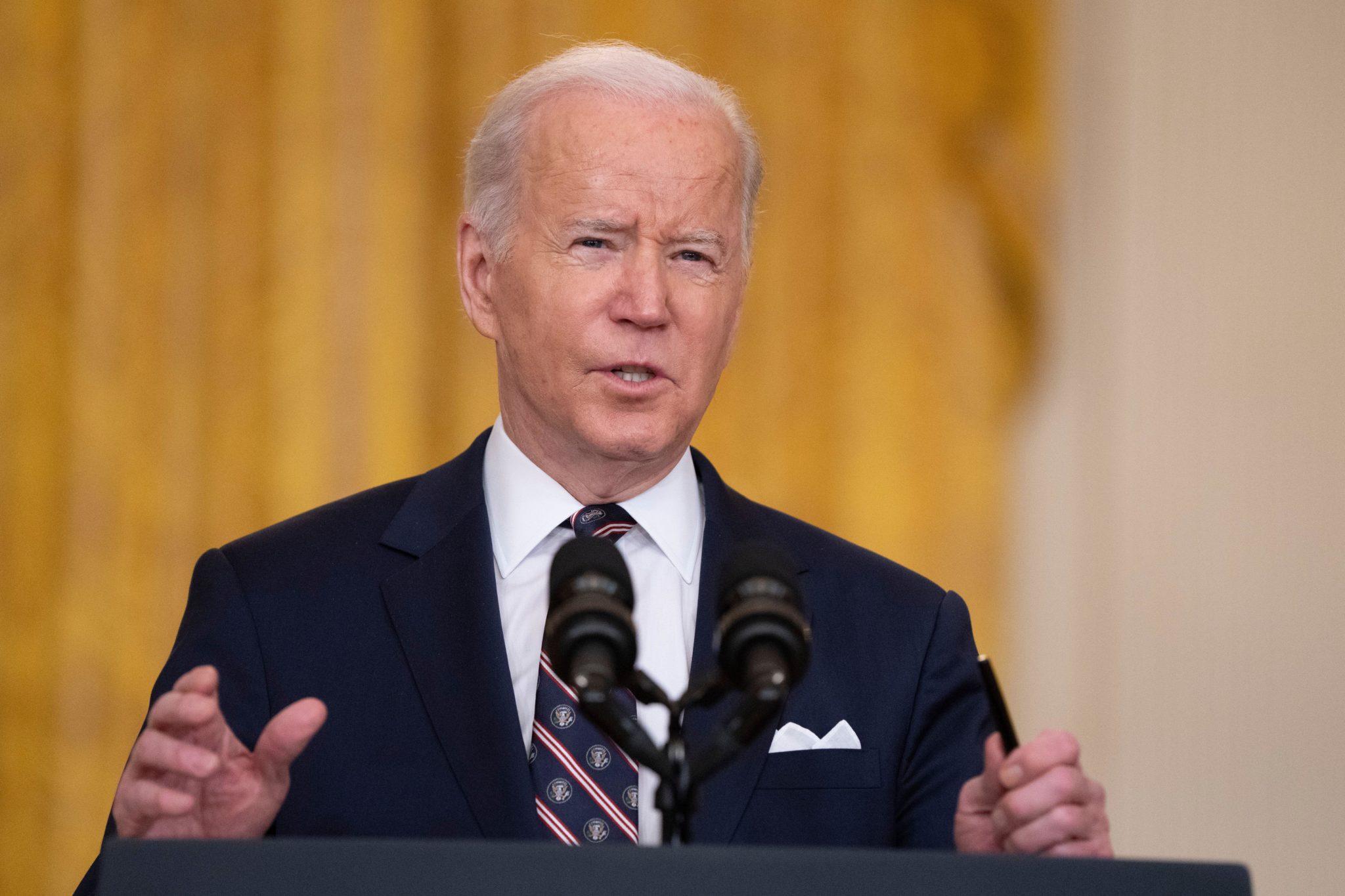 United States President Joe Biden provides an update on the situation in Russia and Ukraine from the East Room of the White House in Washington, DC. 