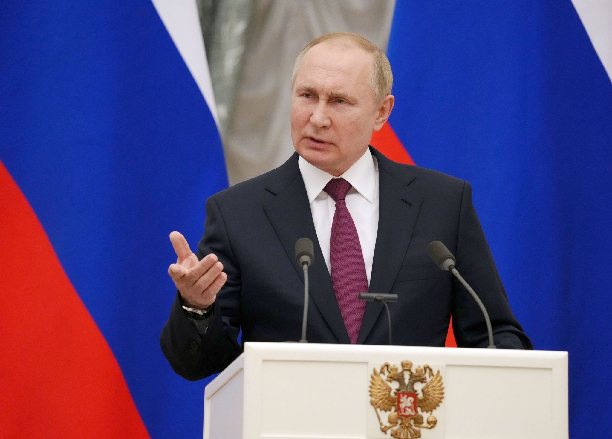 Russian President Vladimir Putin speaks at a press conference in Moscow in February 2022.
