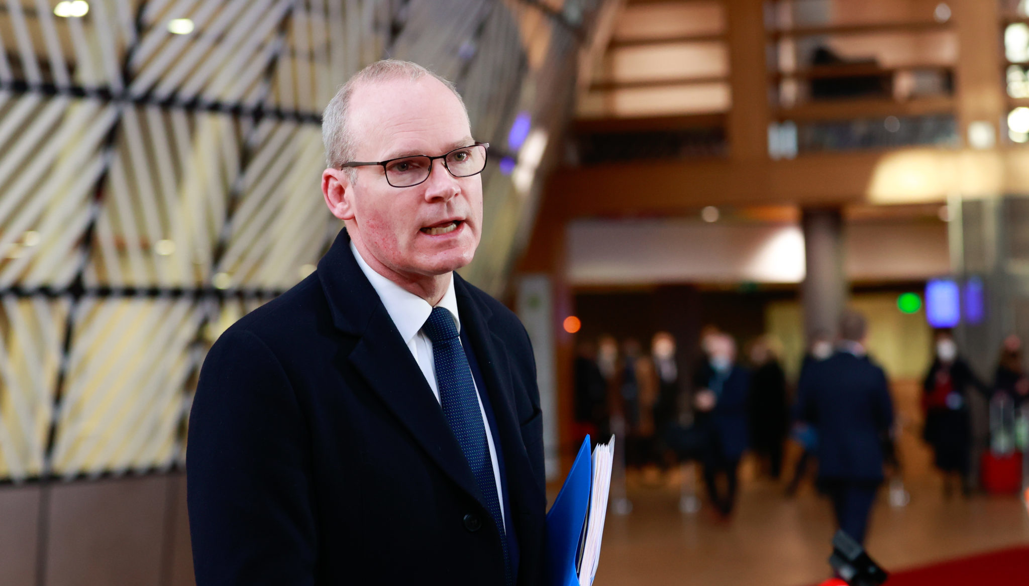 Foreign Affairs Minister Simon Coveney is seen in Brussels, Belgium at an EU Foreign Affairs Council meeting in February 2022