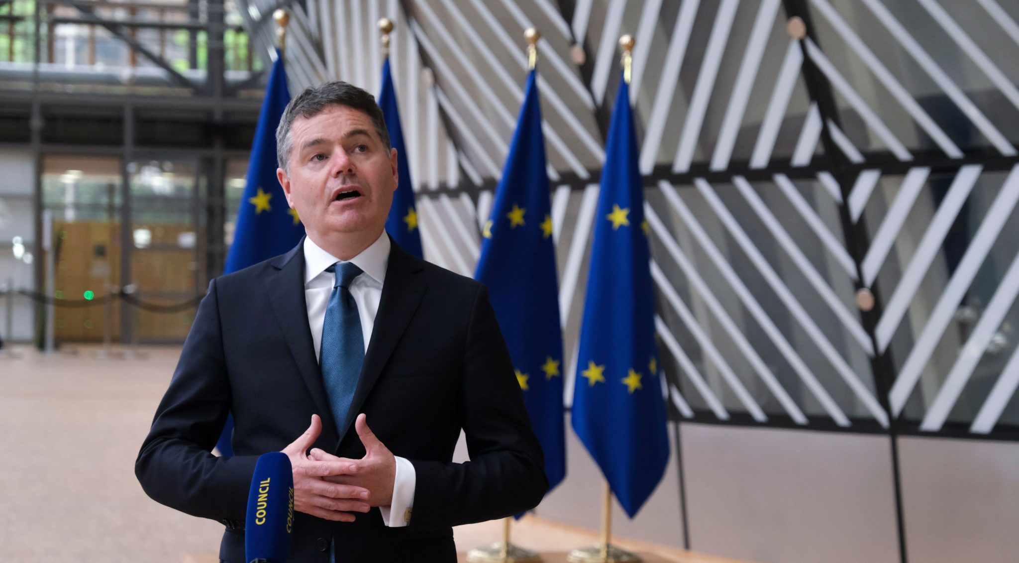 Paschal Donohoe speaks during a meeting of Eurogroup finance ministers in Brussels, Belgium in July 2021.