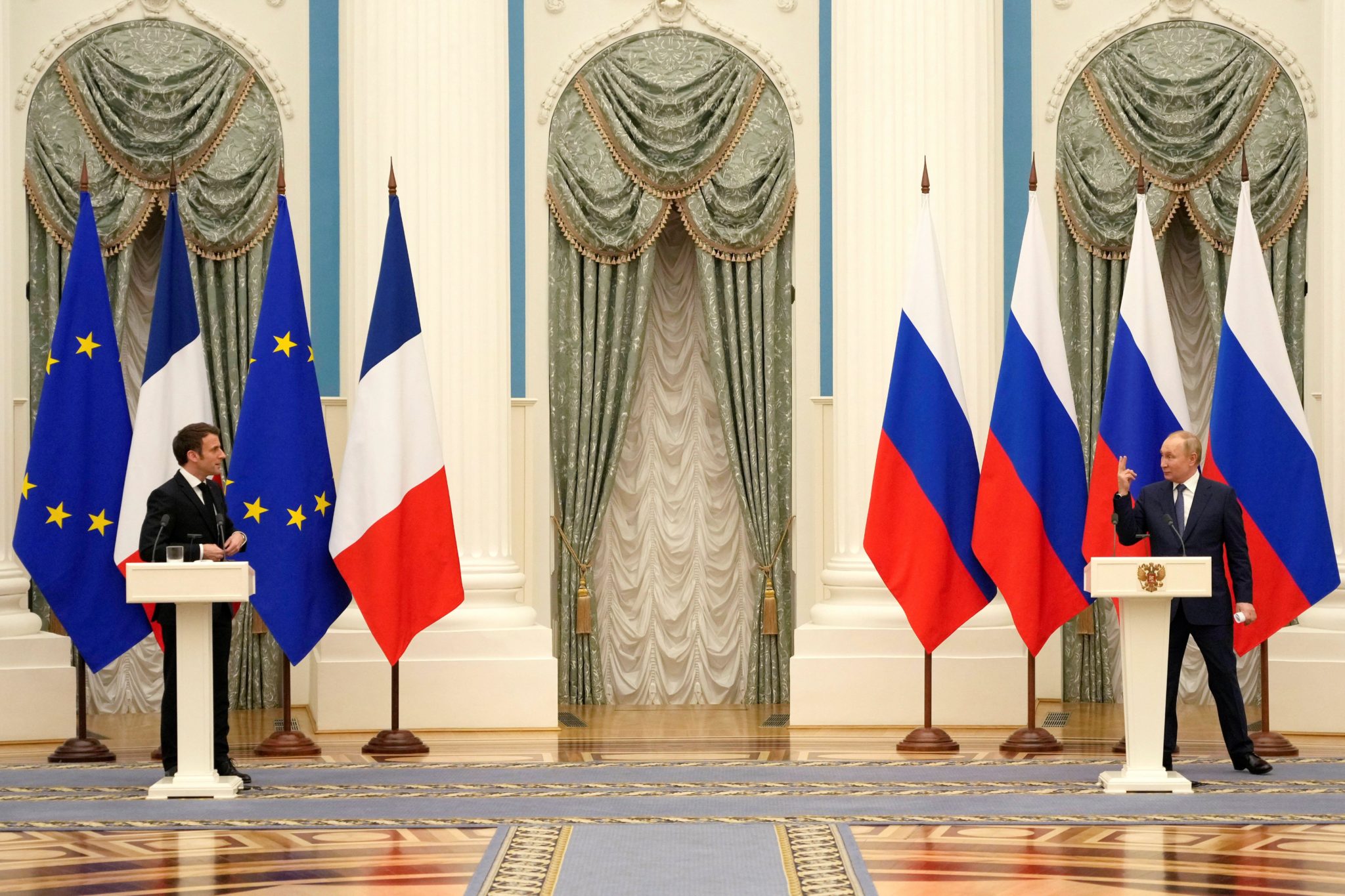 File photo of the French President Emmanuel Macron and Russian President Vladimir Putin and at a joint press conference in Moscow, Russia. 